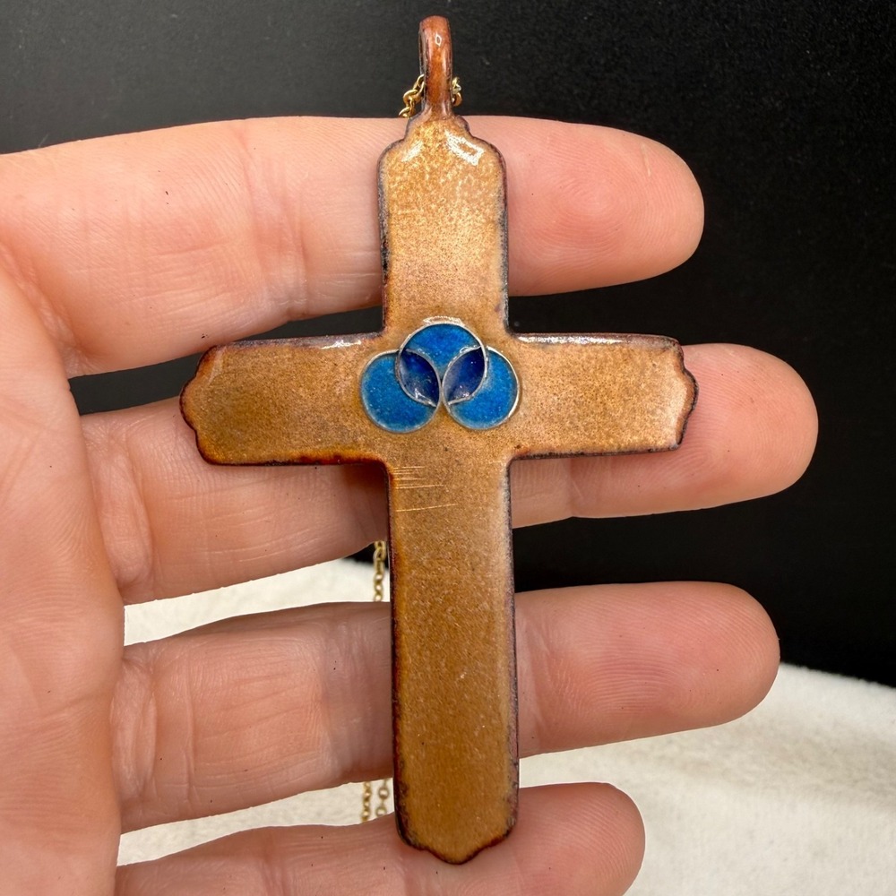 Vintage Cross Necklace Enamel Blue Religious Gold Tone 25"